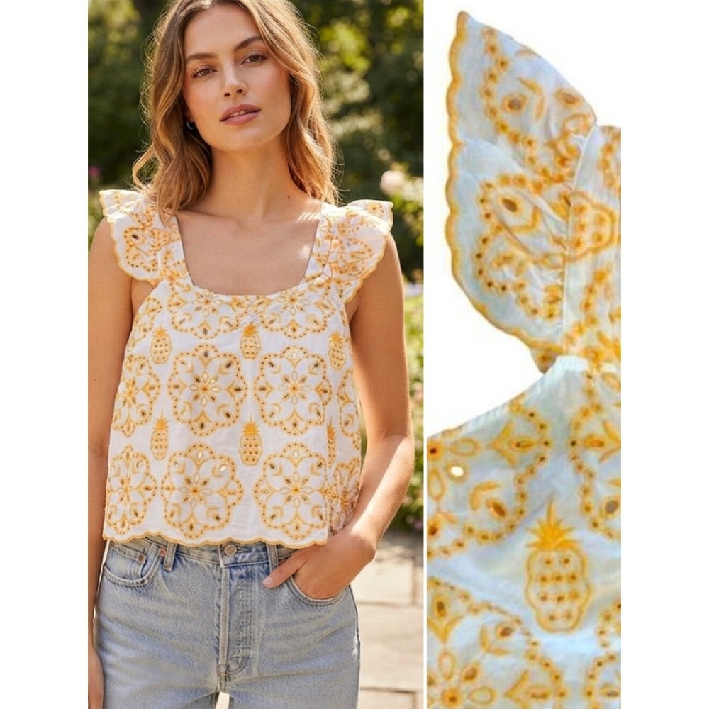 Cato Orange Floral Embroidered Eyelet Scallop Tank Large NWOT Pineapple Cruise
